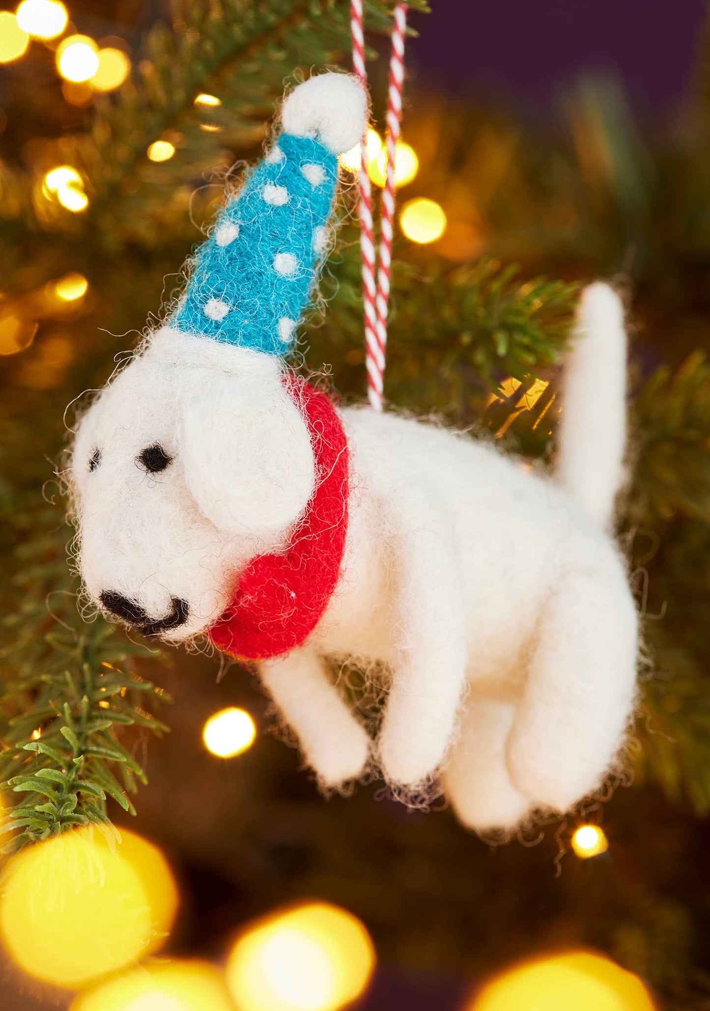 Felt Dog With Dotty Hat & Tie Christmas decoration - Fair trade