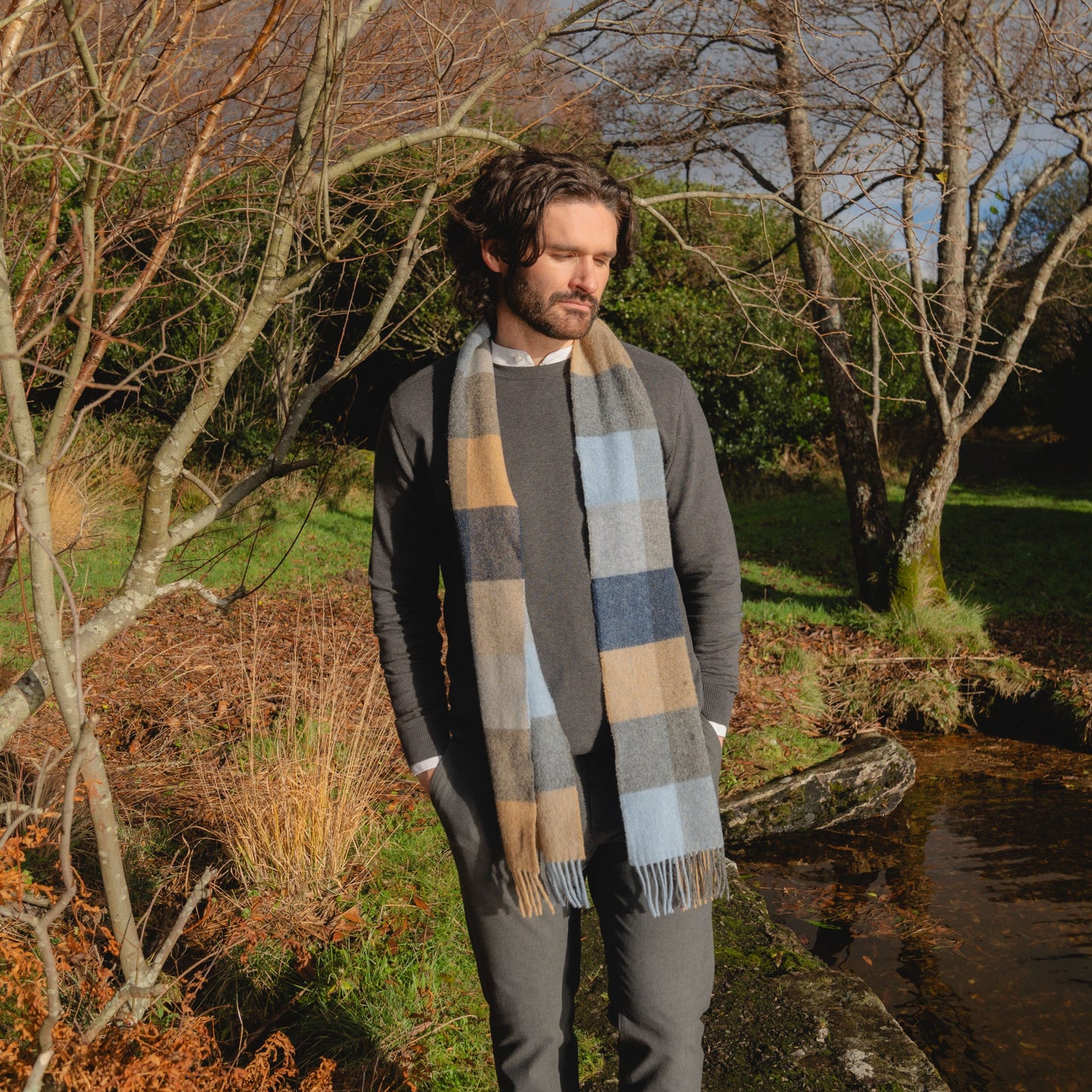 Lambswool Scarf from John Hanly - beige grey blue silver check