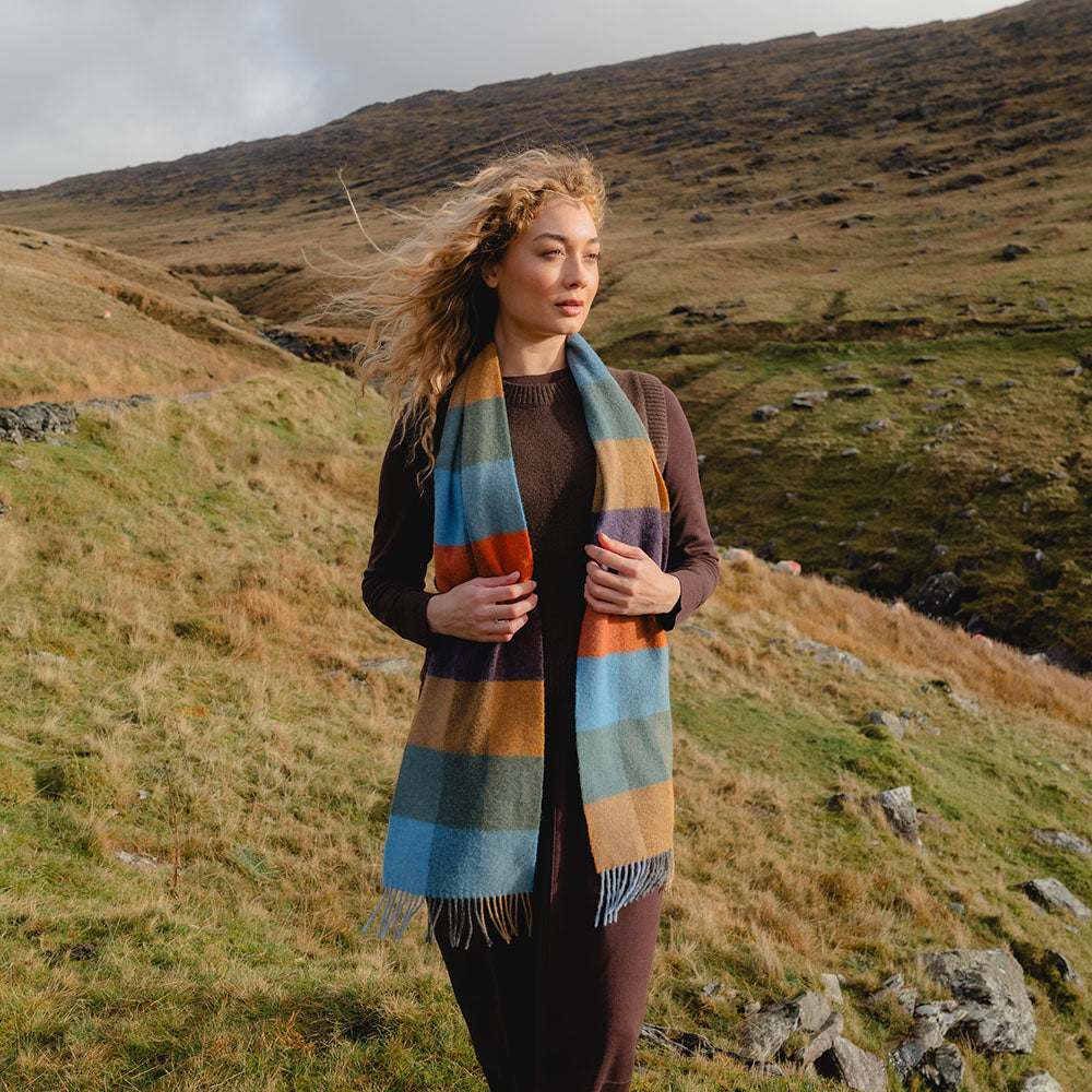 Lambswool Scarf from John Hanly - mustard green blue orange check