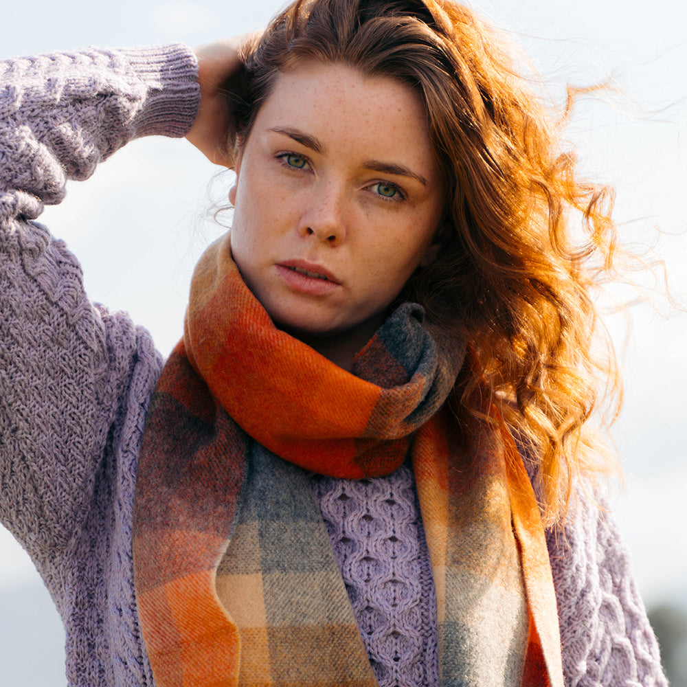 Lambswool Scarf from John Hanly - orange grey beige multi-block