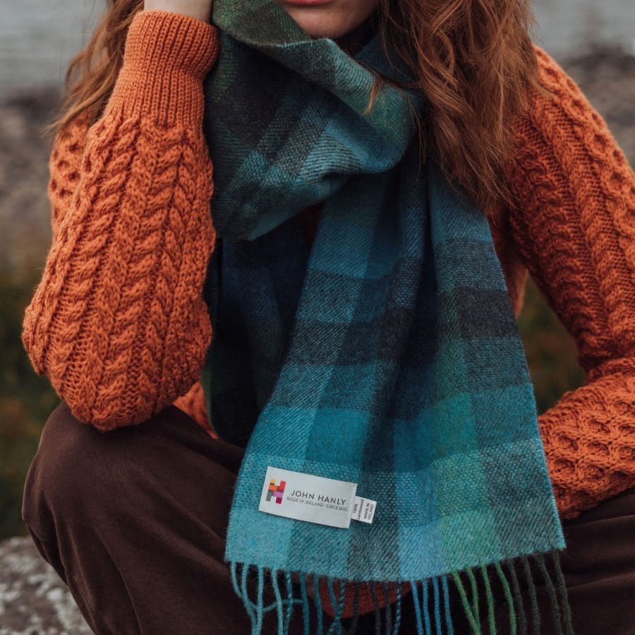 Lambswool Scarf from John Hanly - turquoise blue green block