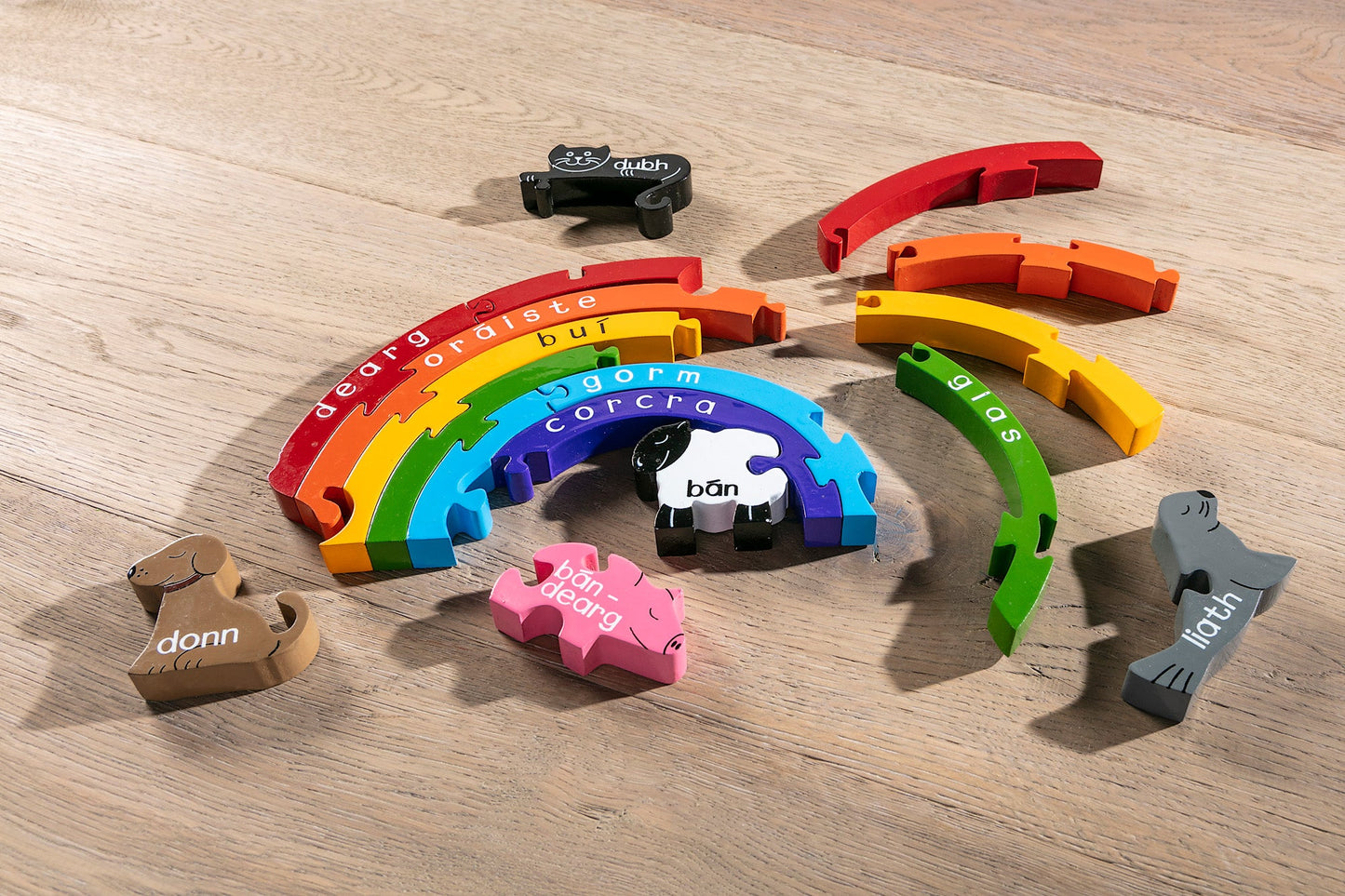 Rainbow wooden jigsaw -as gaeilge/in Irish