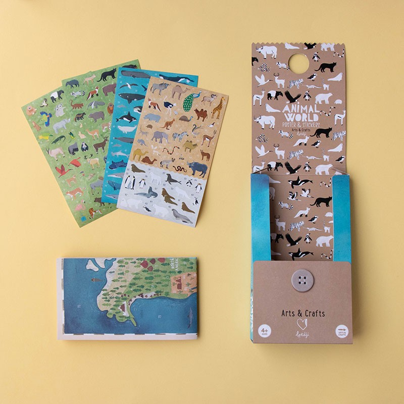 Set of animal-themed notebooks with a packaging box on a yellow background