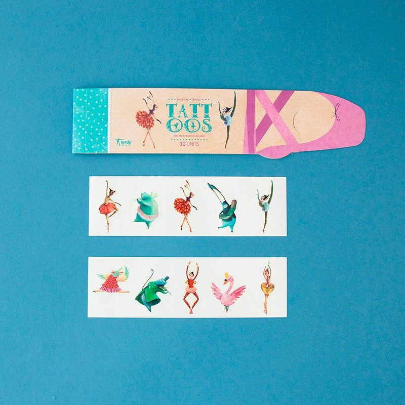 ballerina Tattoo set with colorful designs on a blue background