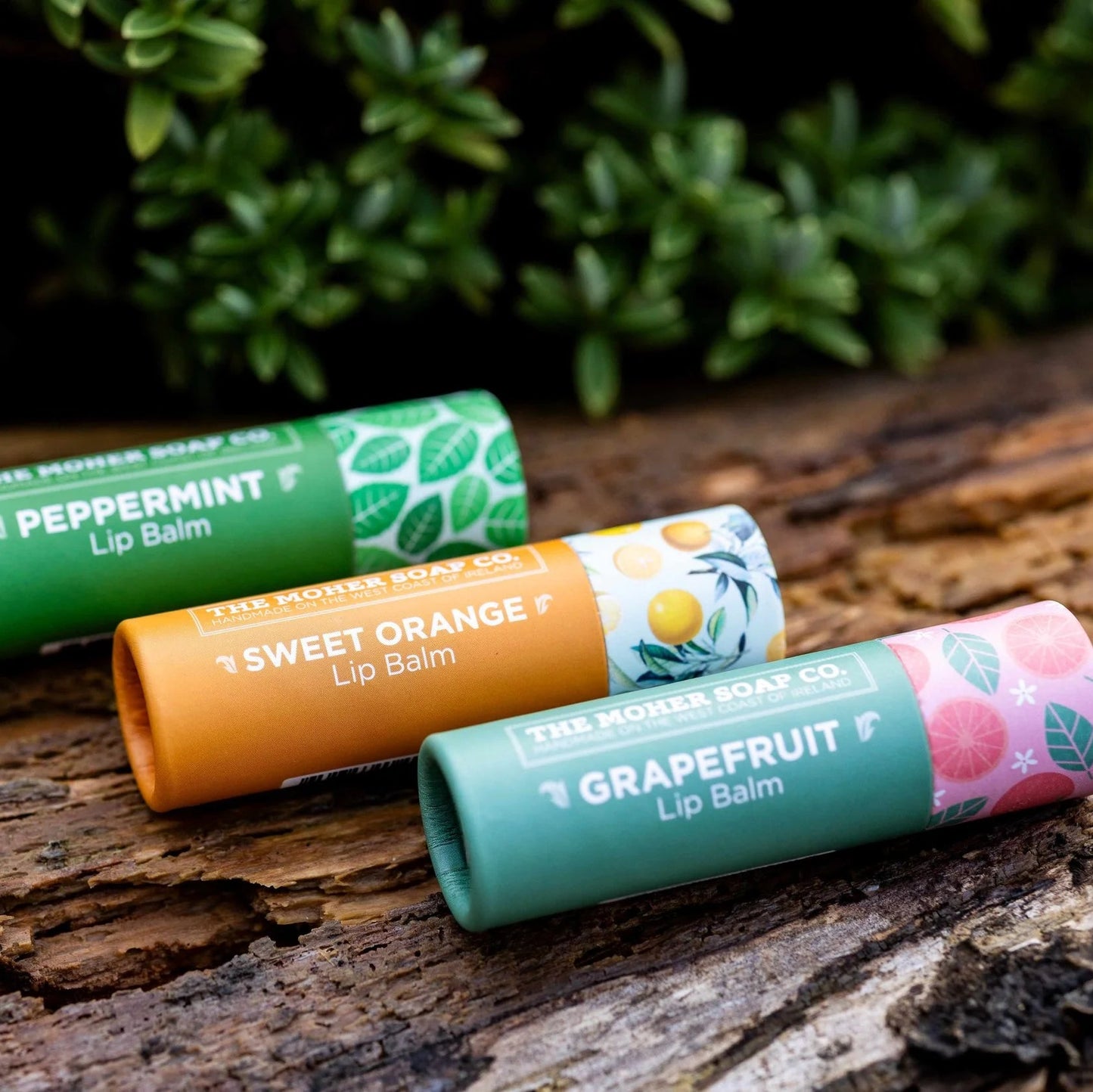 Three lip balm tubes labeled 'Peppermint', 'Sweet Orange', and 'Grapefruit' on a wooden surface with greenery in the background.