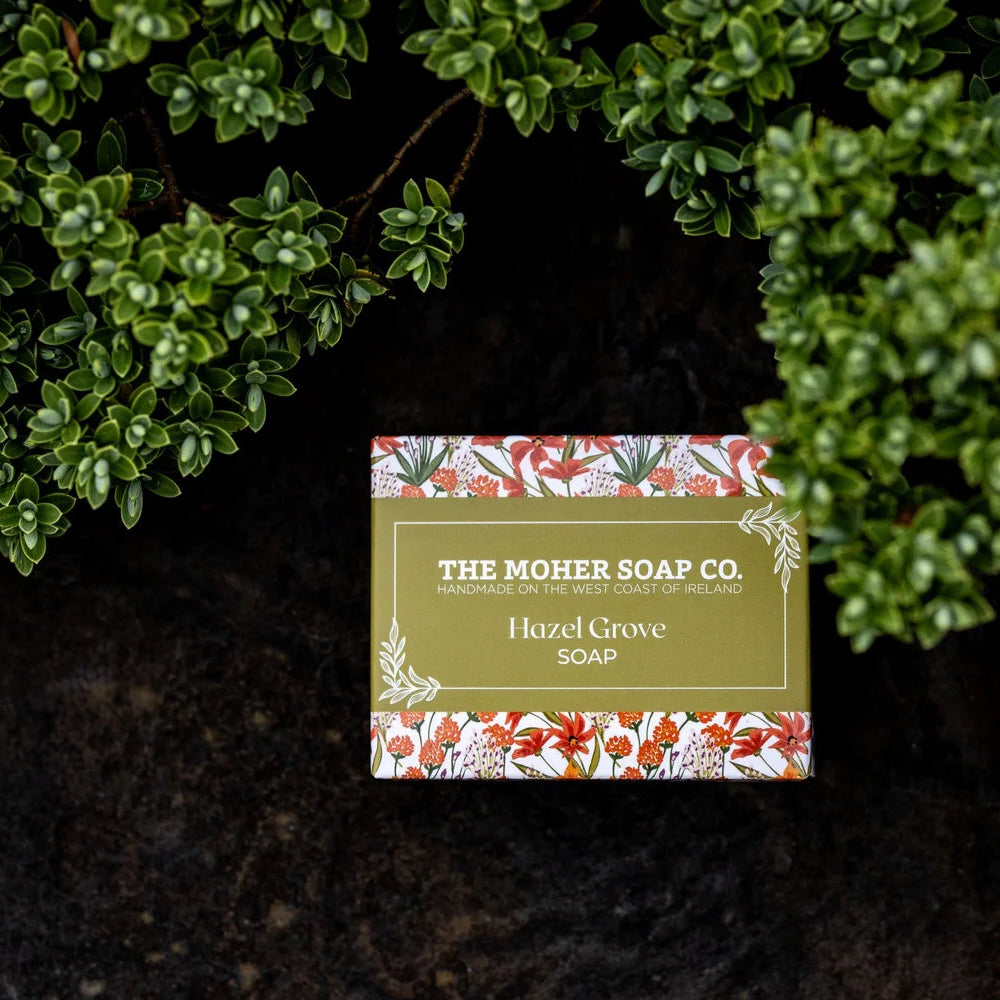 Box of The Moher Soap Co. soap on dark soil with green foliage