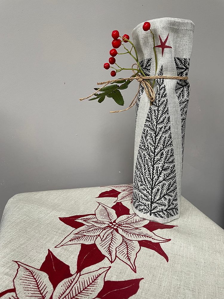 Poinsettia Christmas Linen Tea Towel