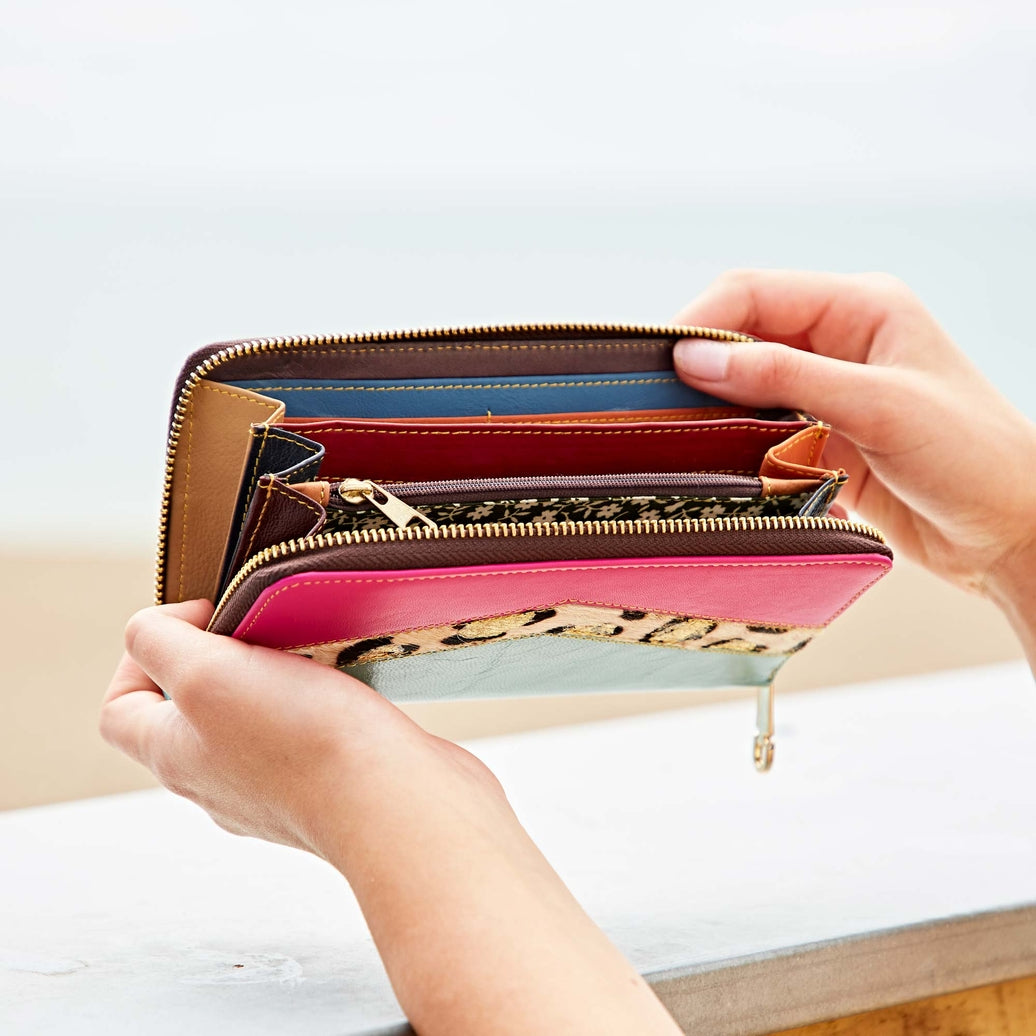 Recycled leather clutch purse