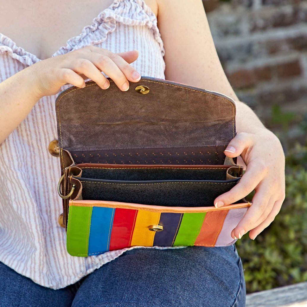 Recycled leather stripe crossbody Bag