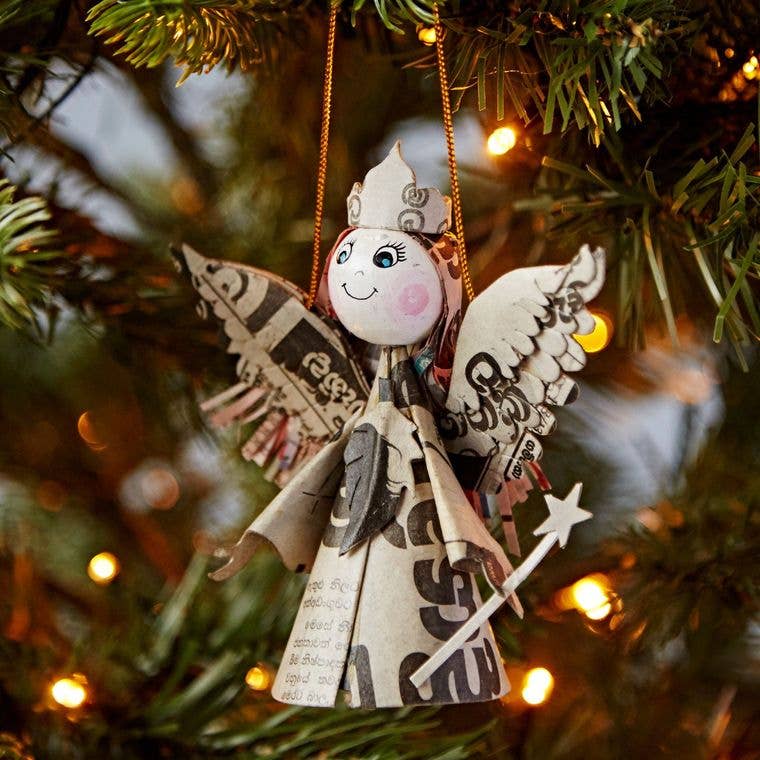 Recycled newspaper angel decoration