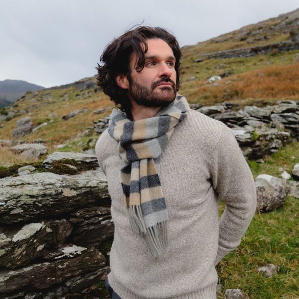 Lambswool Scarf from John Hanly - camel silver herringbone stripe