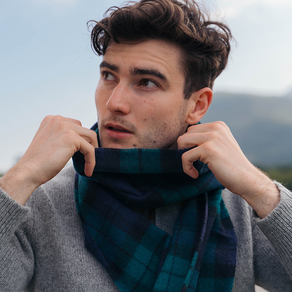 Lambswool Scarf from John Hanly - green blue black plaid