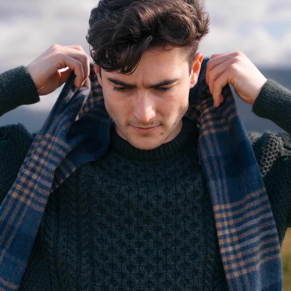 Lambswool Scarf from John Hanly - demin navy beige block