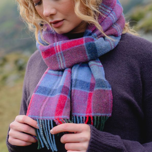 Lambswool Scarf from John Hanly - raspberry red lavender check
