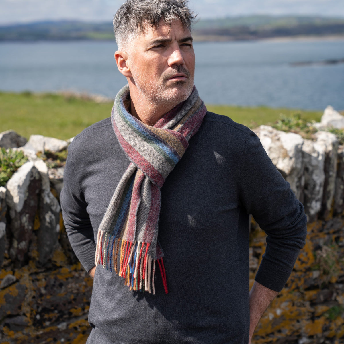 Lambswool Scarf from John Hanly - mustard beige red stripe