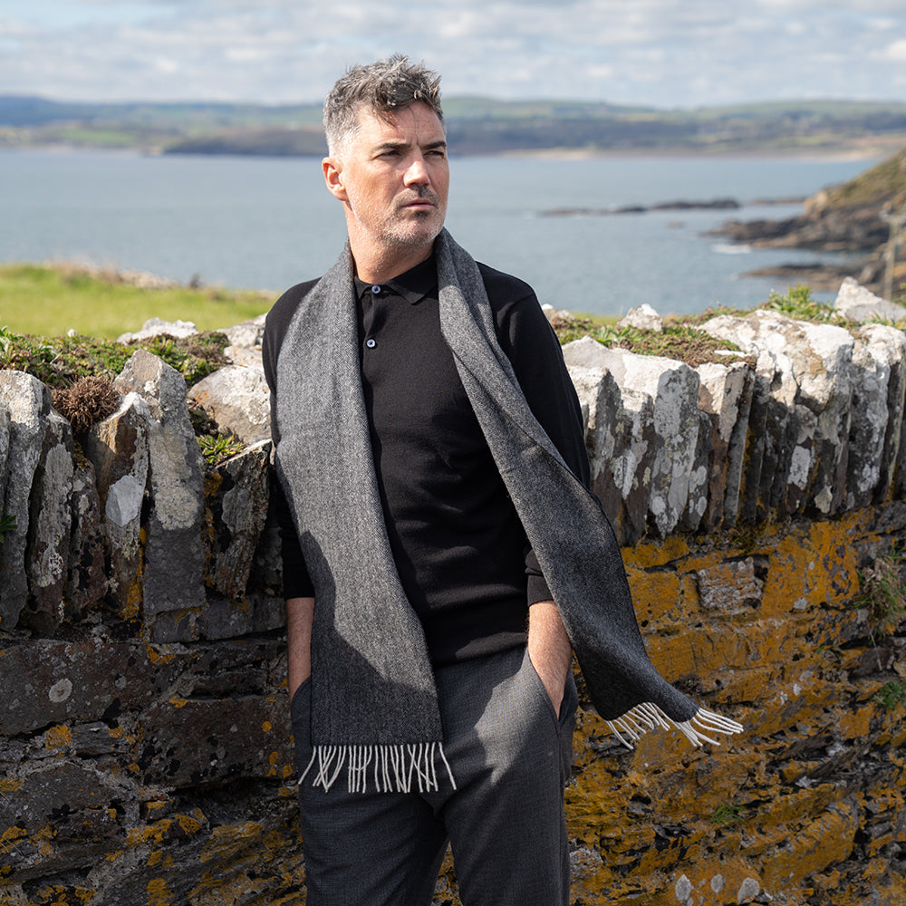 Lambswool Scarf from John Hanly - charcoal herringbone