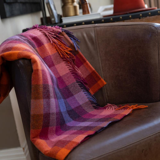 Lambswool Throw from John Hanly - pink, violet, orange multi check