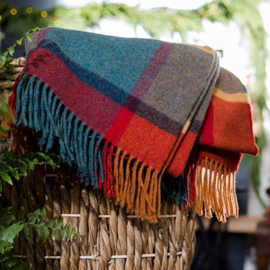Lambswool Throw from John Hanly - orange, green, yellow, wine check