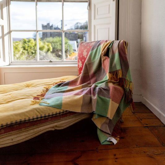 Lambswool Throw from John Hanly - yellow, green, beige block