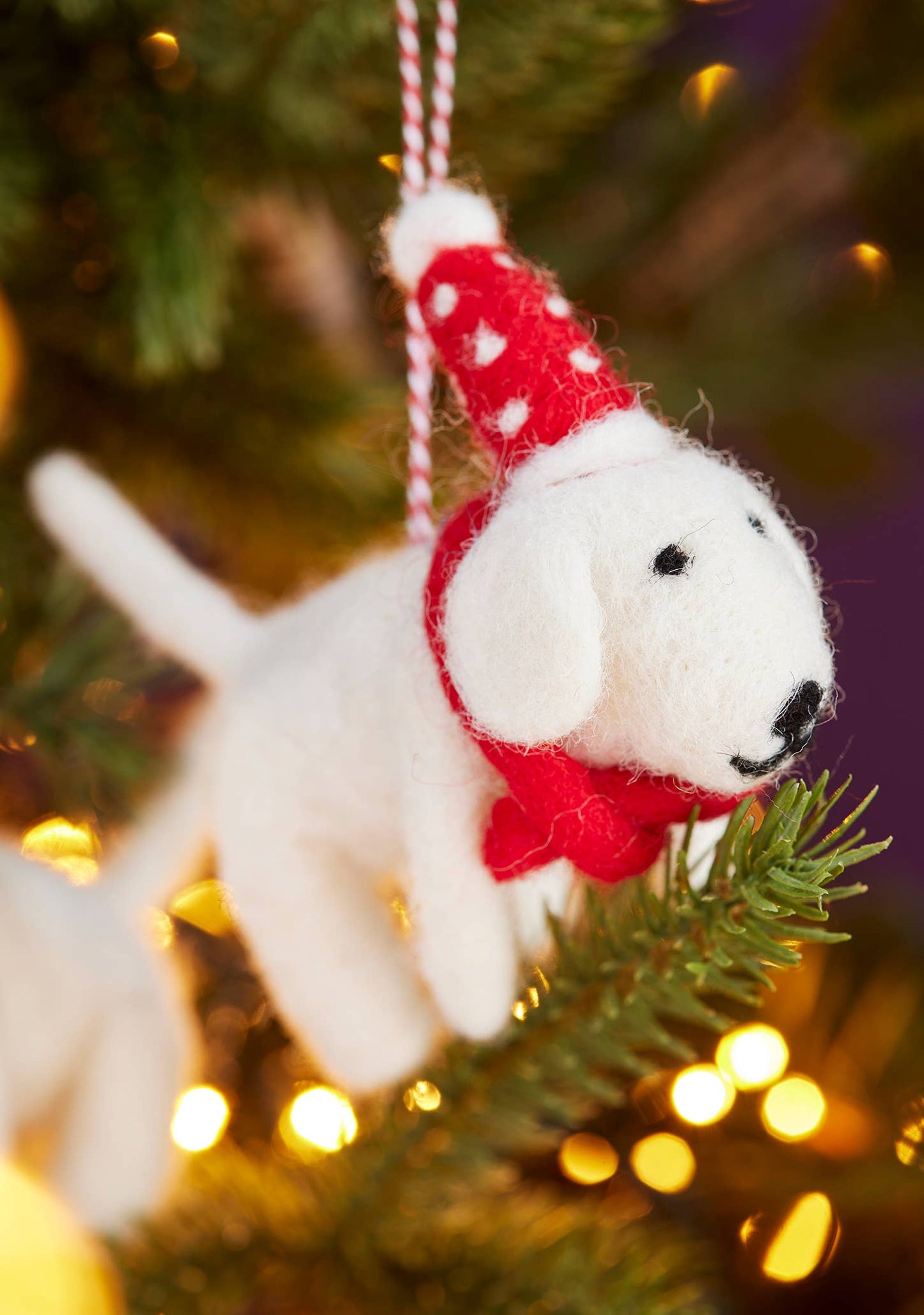 Felt Dog With Dotty Hat & Tie Christmas decoration - Fair trade