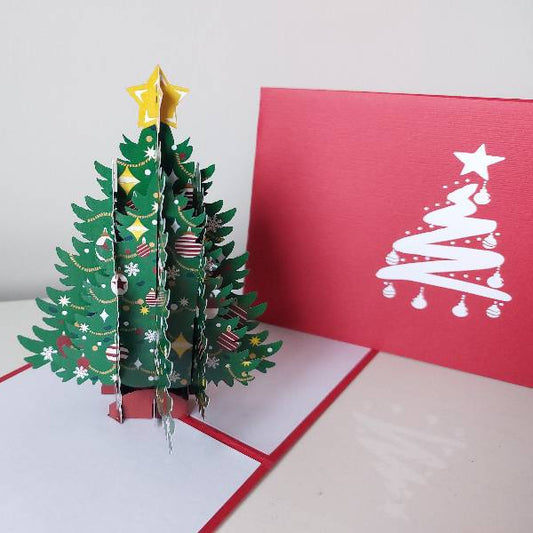 3D pop-up Christmas tree card with a red envelope featuring a Christmas tree design.