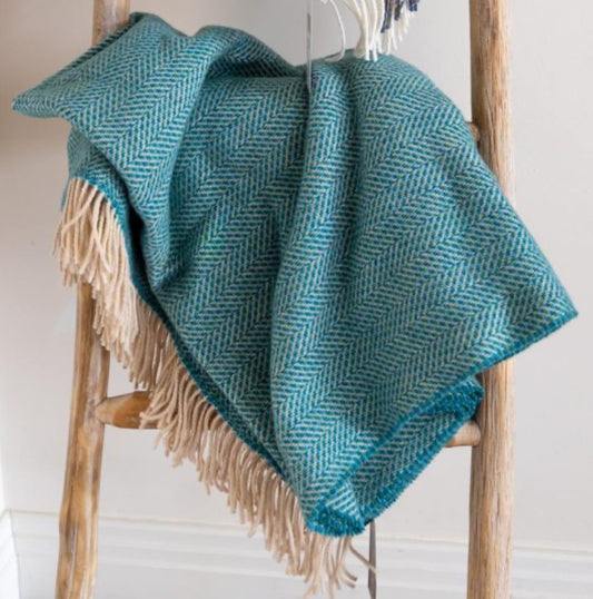 Merino Cashmere Herringbone Throw - Green Aqua