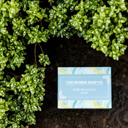 Bar of soap with a blue label on dark soil surrounded by green plants