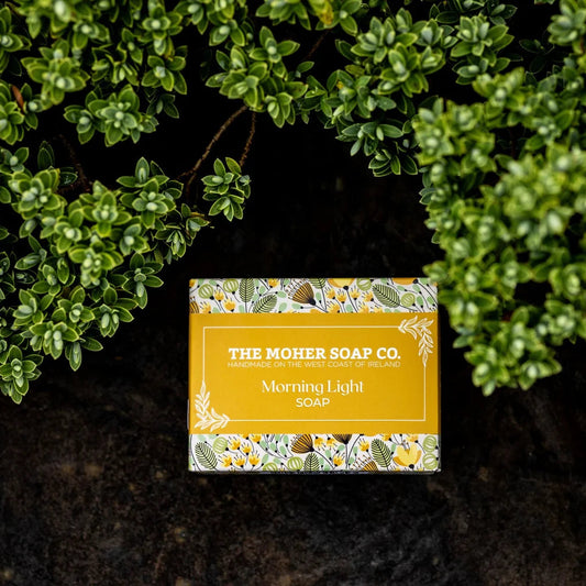 Box of The Mother Soap Co. soap nestled among green leaves