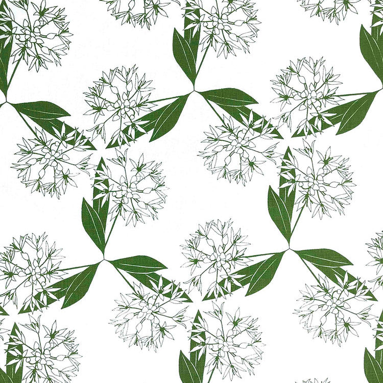 Pattern of green leaves and white flowers on a white background