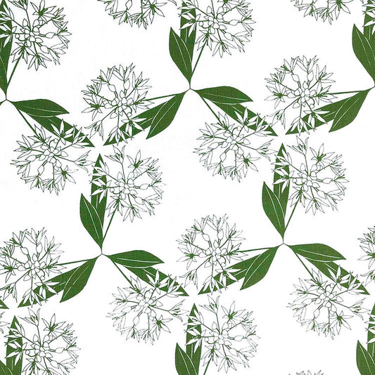 Pattern of green leaves and white flowers on a white background