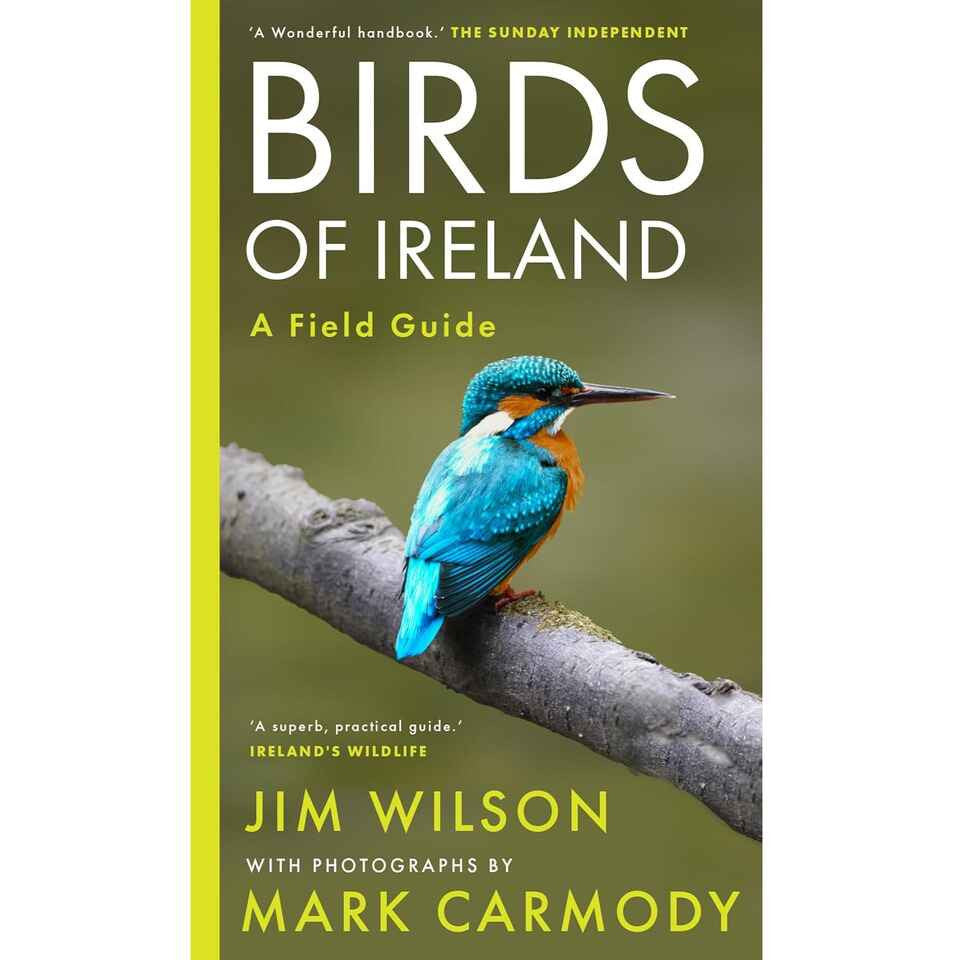 Book cover of 'Birds of Ireland: A Field Guide' with a blue bird on a branch.