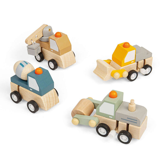 Wind up wooden Trucks - digger, cement mixer road roller, crane