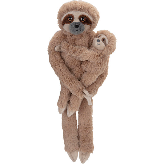 Hanging sloth with baby plush toy (made from recycled plastic)