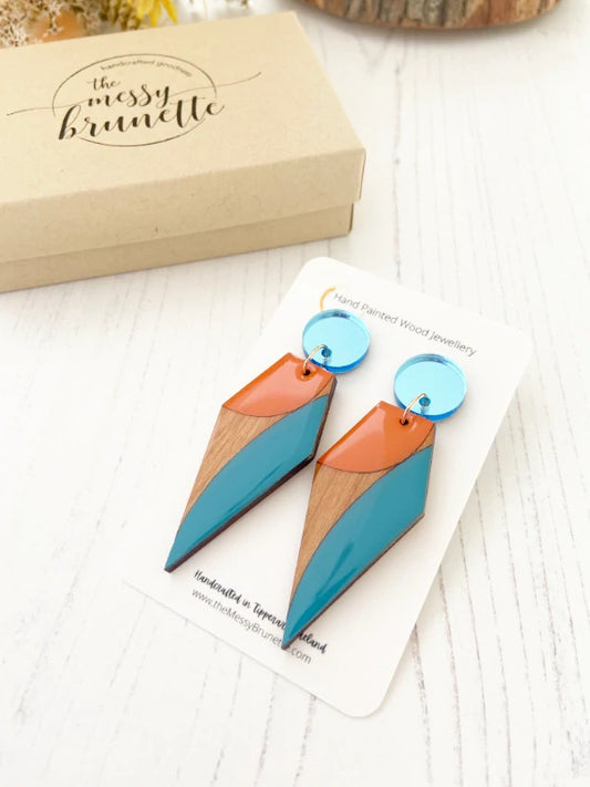 Eco friendly Wooden Earrings -blue/orange